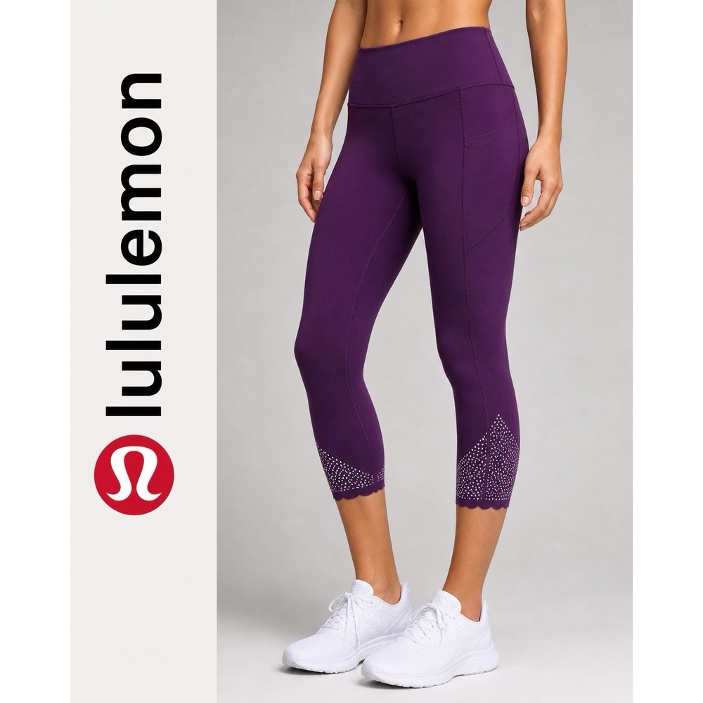 Lululemon Cropped Leggings Purple Scallop Hem Reflective Crop Pants Women's Sz 4